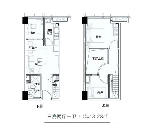 2棟A戶型43.28㎡-3房2廳1衛